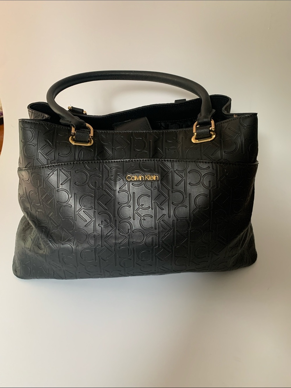 Calvin Klein Black Embossed Logo Shoulder handbag with Gold Hardware